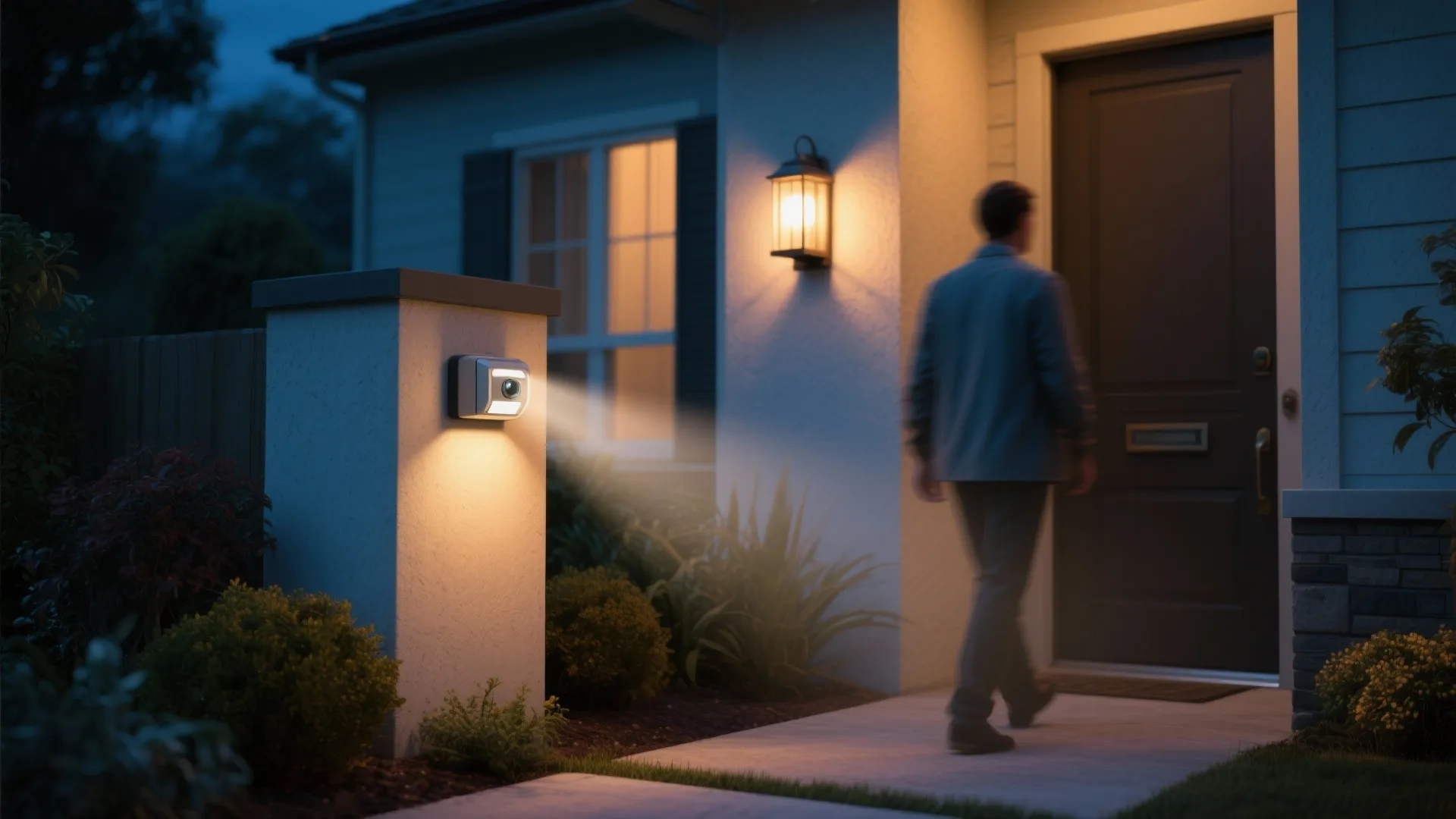 Motion sensor light on garden post glowing at night as person walks toward front door