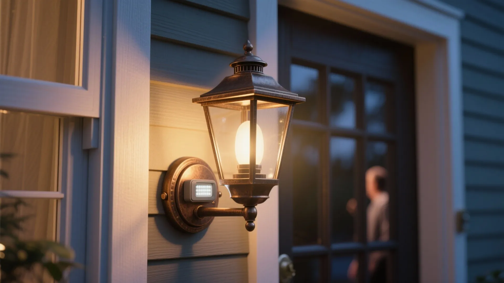 Classic metal wall light with motion sensor mounted on house siding next to front door