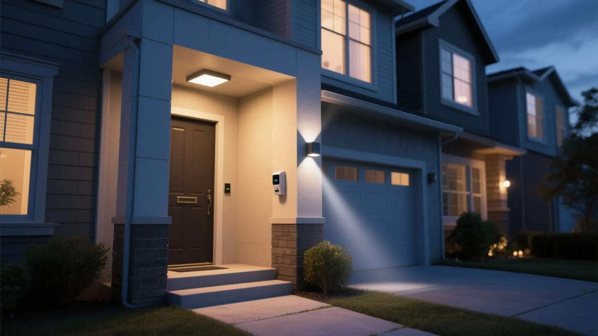 Front door entrance of a house with ceiling light and wall light at night time