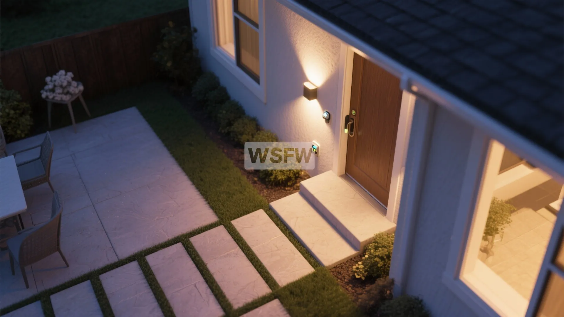 Modern house entrance with wall light and security cameras next to a wooden front door