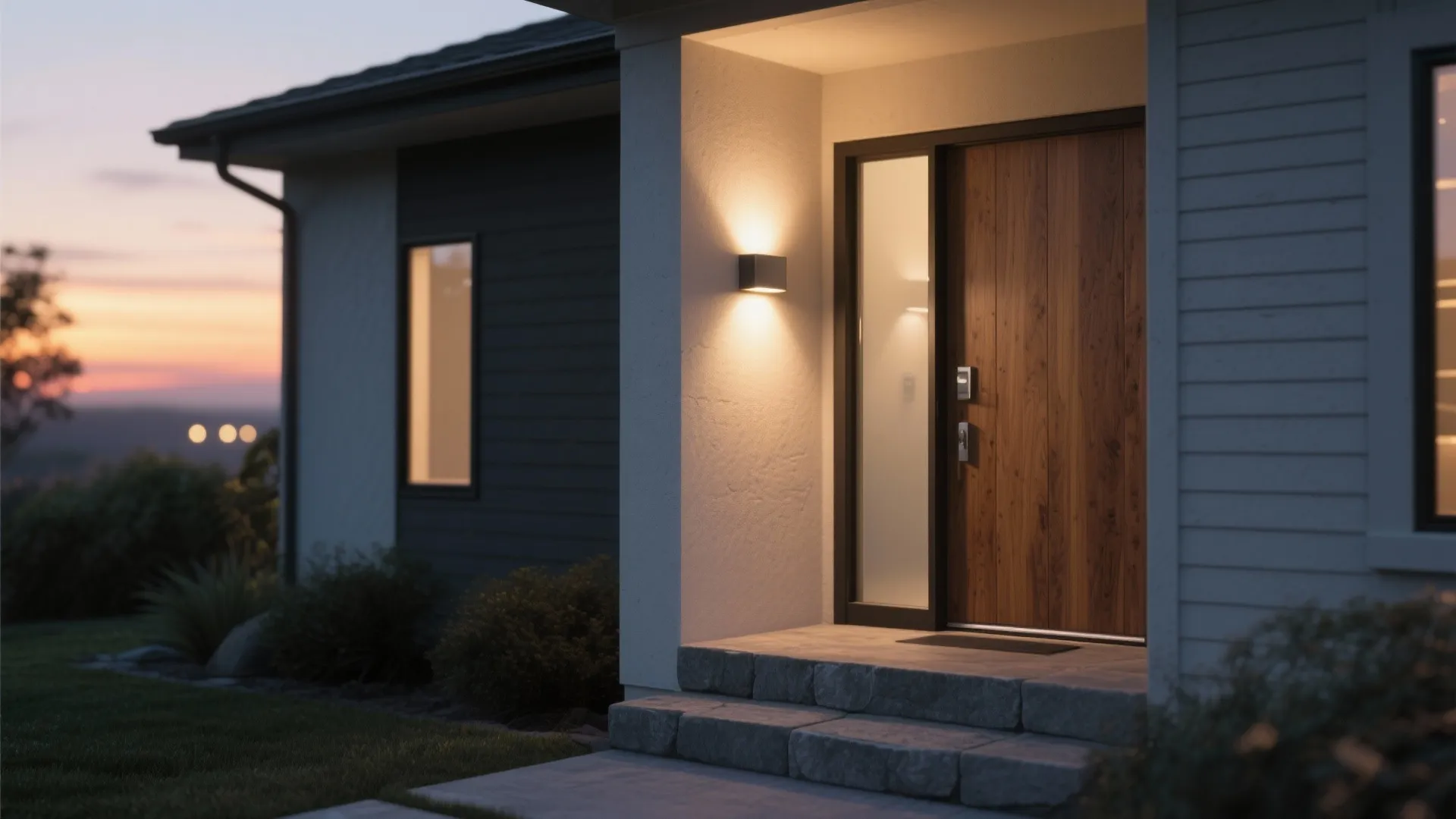 Modern house entrance at sunset with wooden door stone steps and warm light on wall