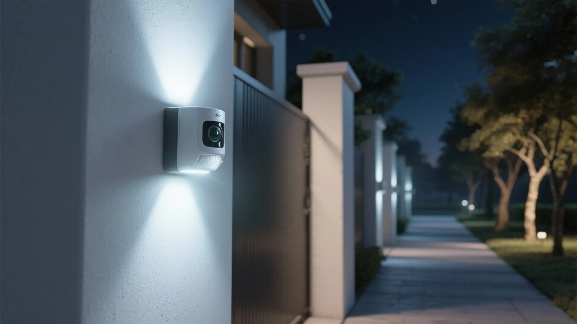 Modern white motion sensor wall light installed on a house pillar illuminating a garden path