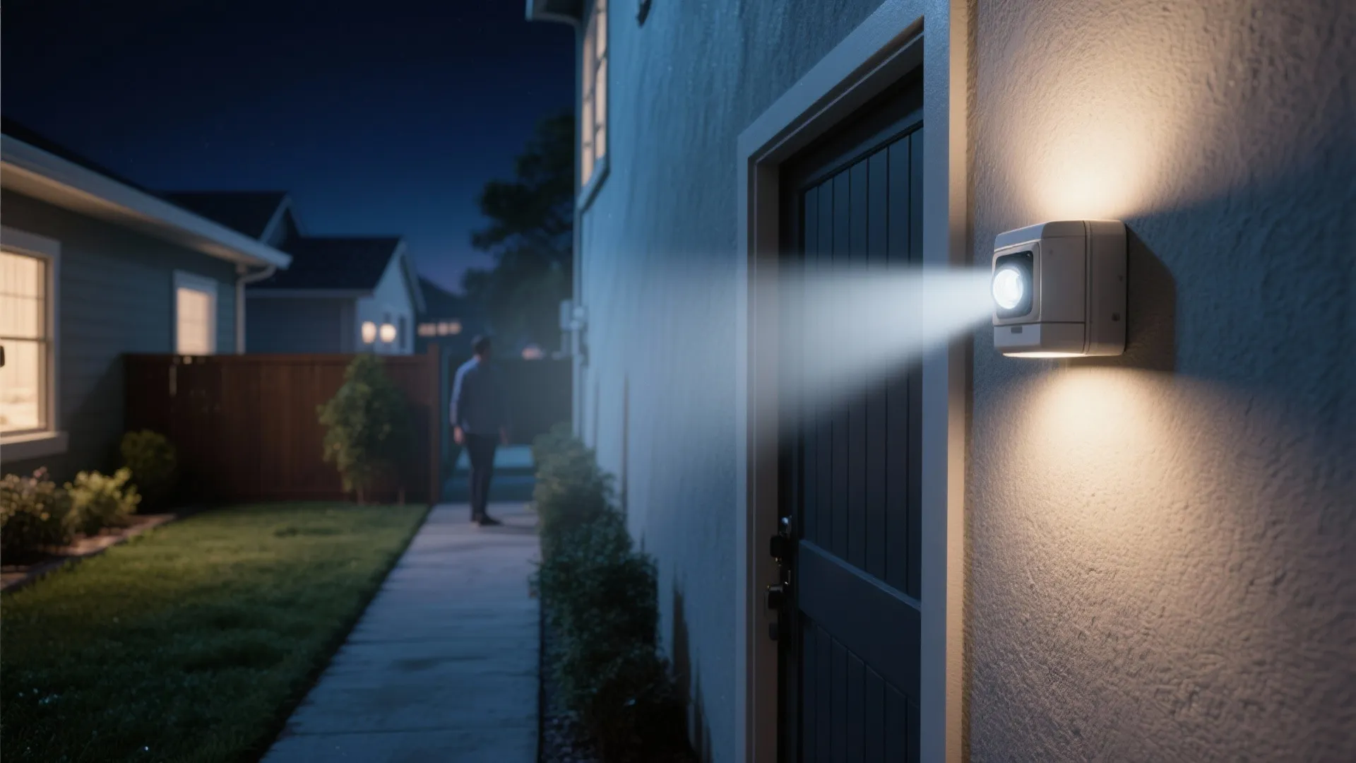 Outdoor motion sensor wall light shining bright beam over a house side door at night