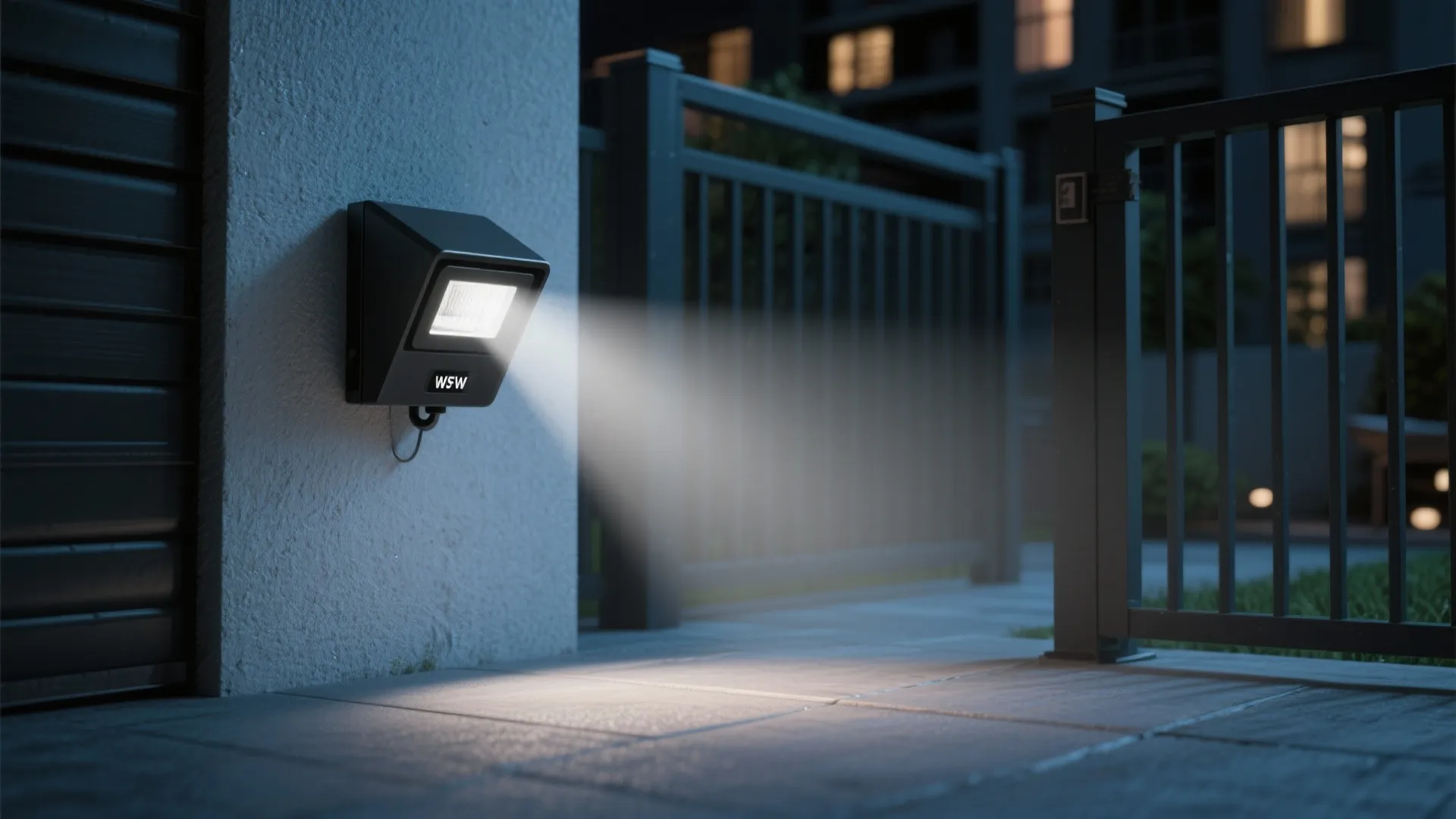 Black outdoor wall light mounted on white wall illuminating a stone tile patio at night