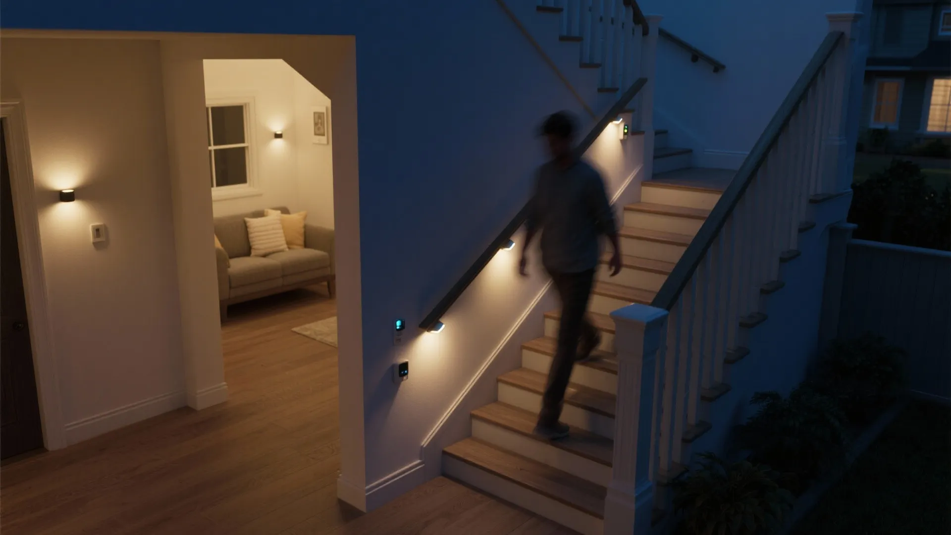 Person walking up wooden stairs at night with motion sensor wall lights providing warm light