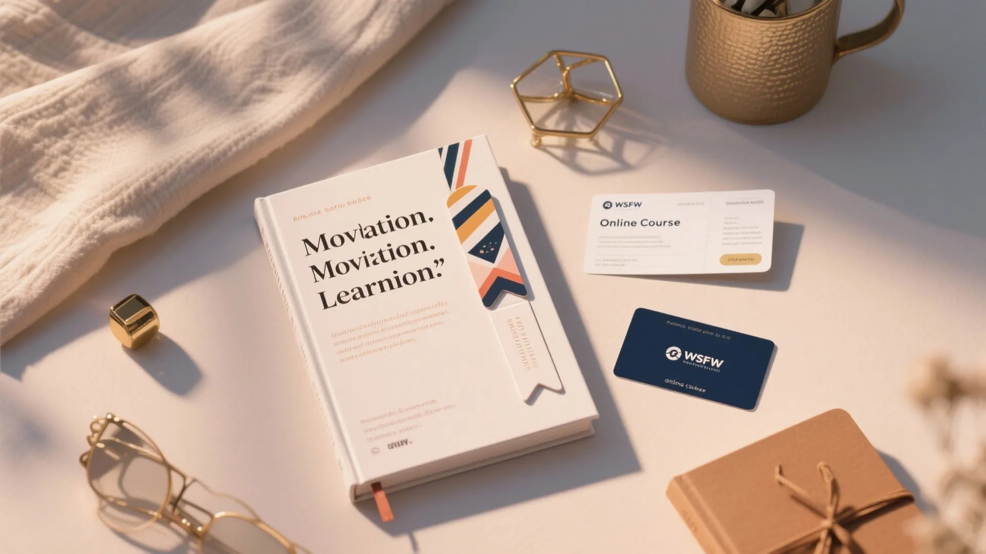 Motivation book with bookmark on a desk beside business cards, glasses, and a gold mug