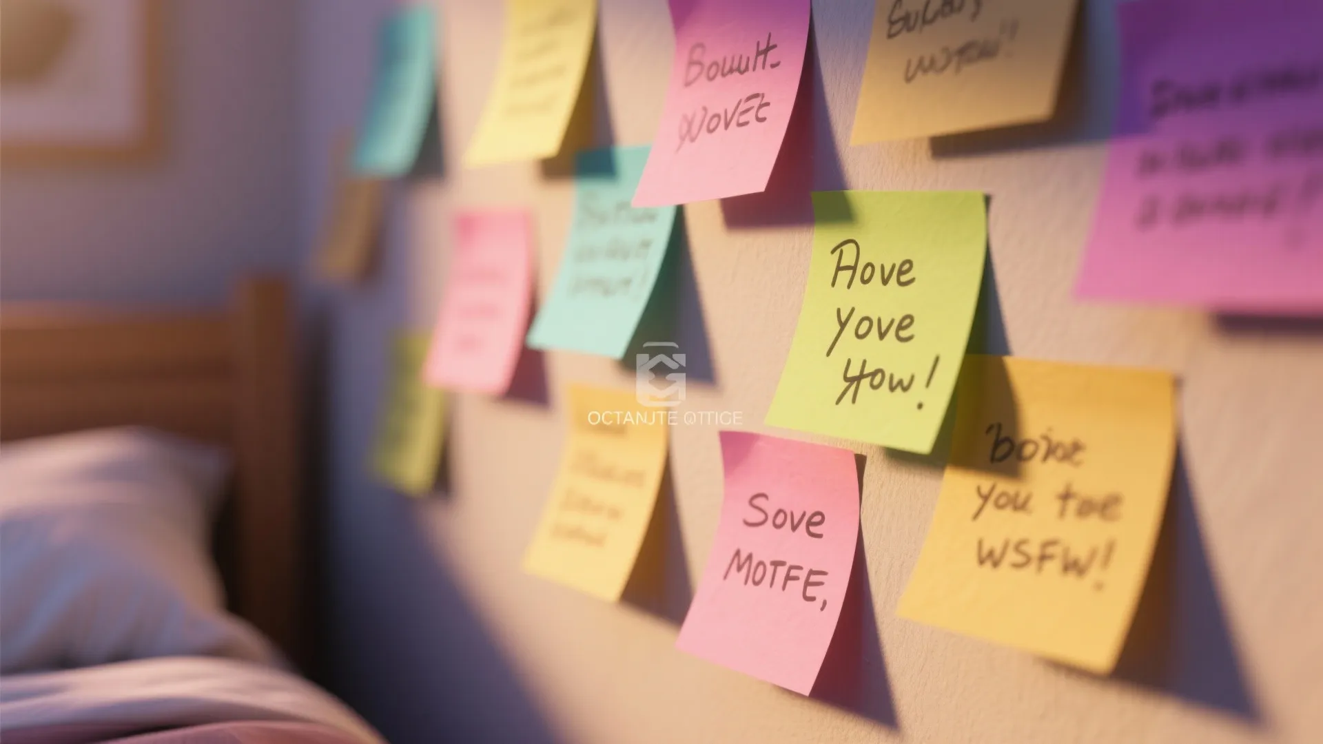 Colorful sticky notes with motivational handwriting pinned on a wall beside a soft wooden bed