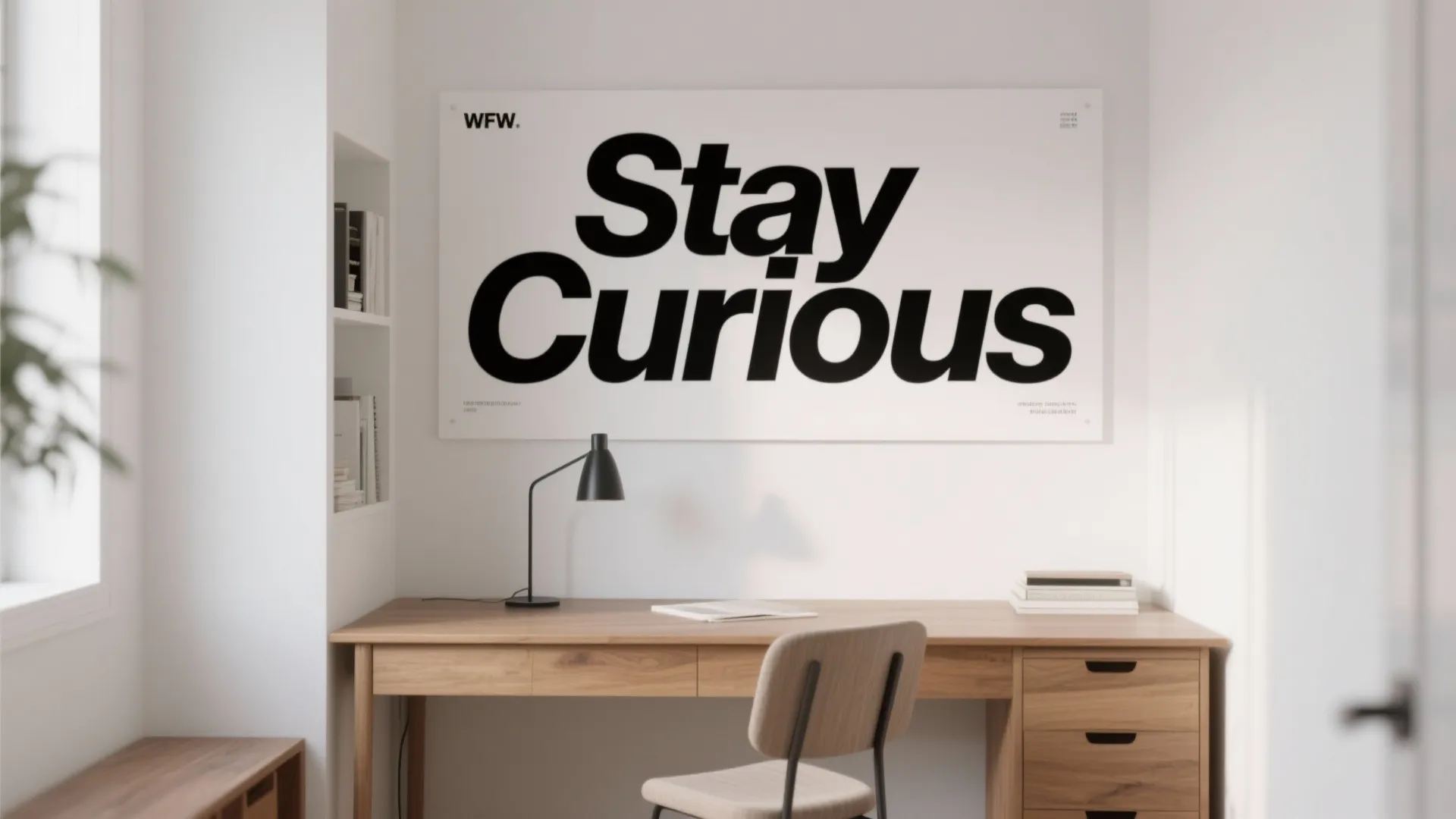 Minimalist home office with wooden desk black table lamp chair and large motivational wall poster