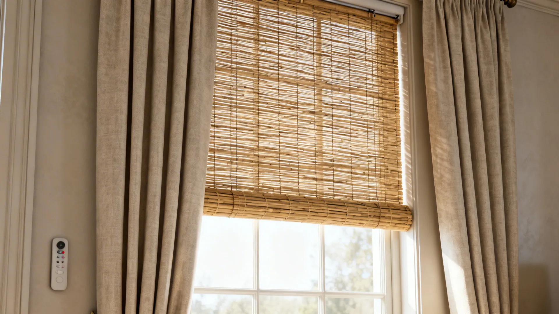 Bamboo window blind with beige curtains and a white remote control on the wall surface