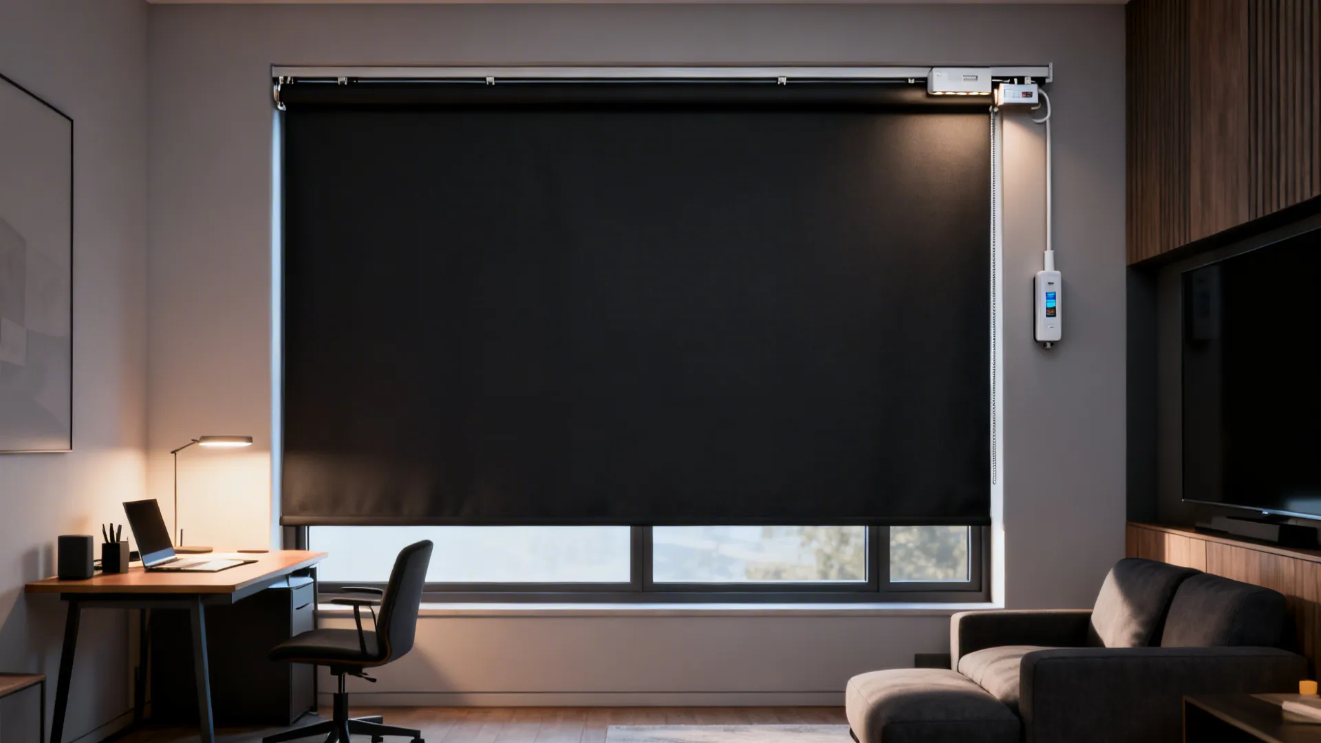 Automatic black window shades in modern home office with desk laptop chair and grey sofa