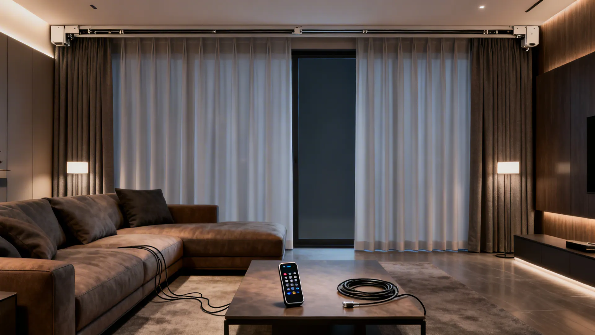 Living room with motorized blackout curtains and a smartphone remote illustrating convenience.