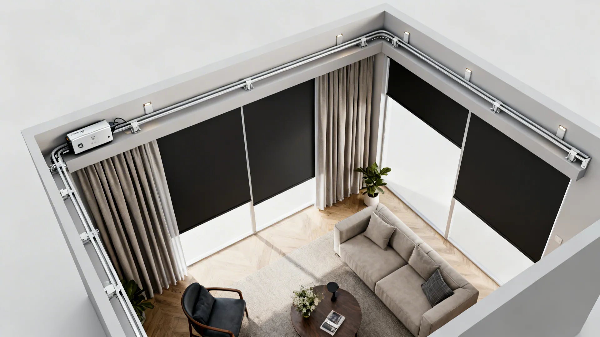 Top-down view of motorized blackout curtain system and track layout in a small living room.