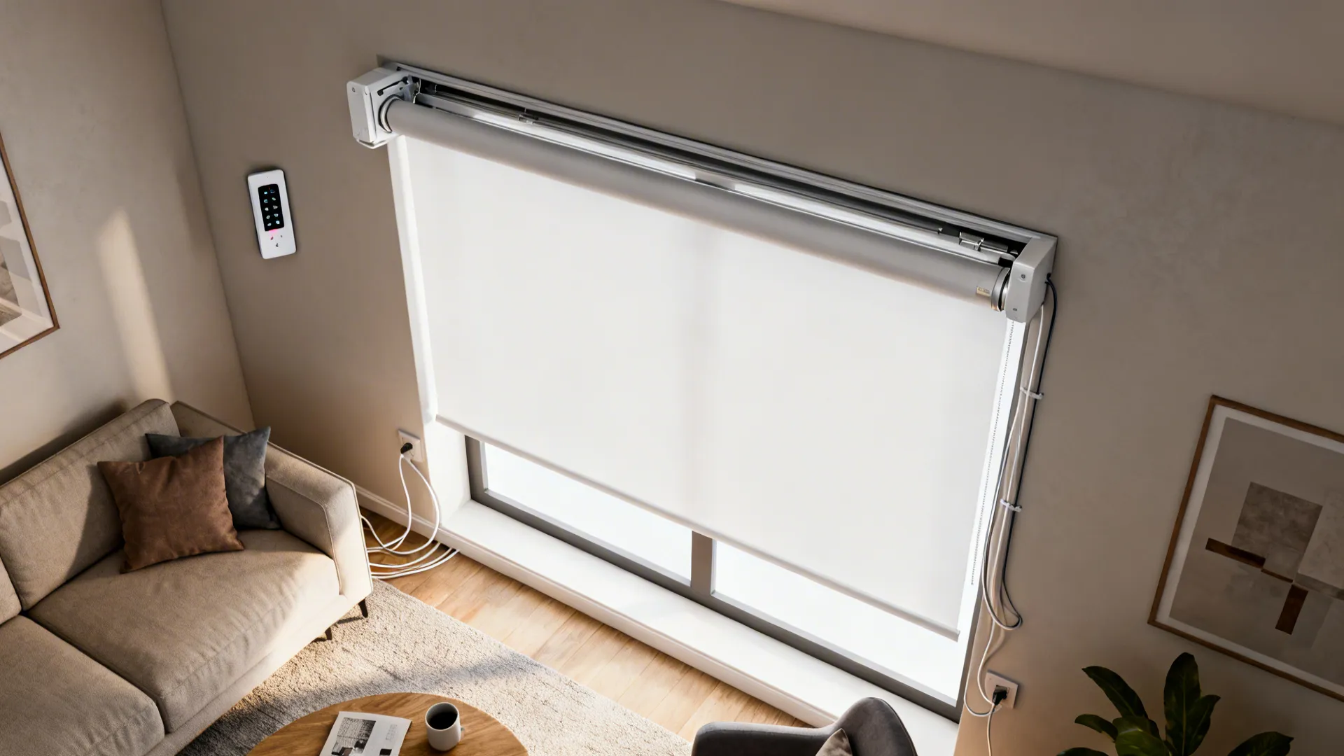 Smart motorized blind cassette and control keypad in a compact living room.
