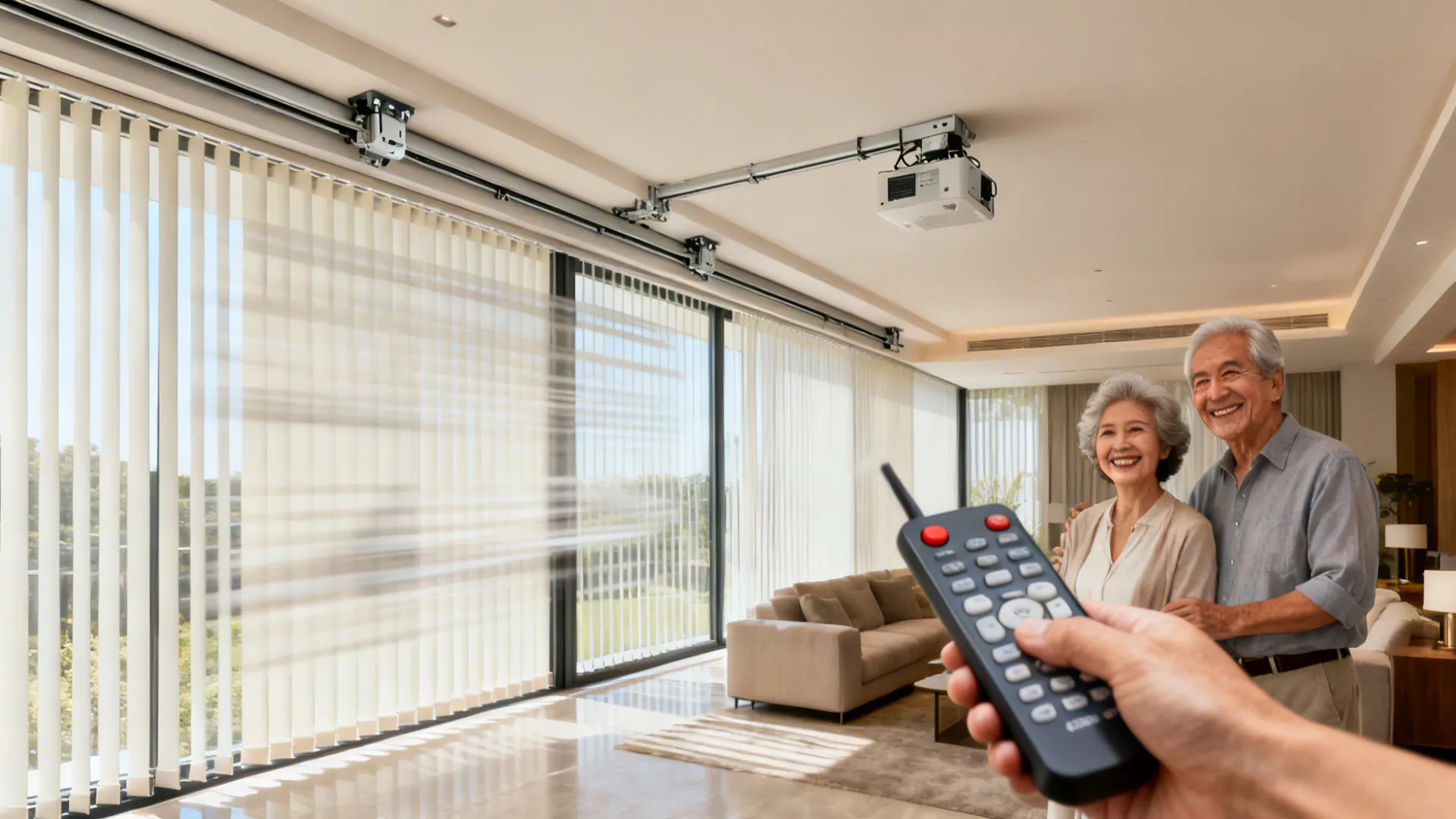 Large window with motorized vertical blinds operating smoothly controlled by a remote