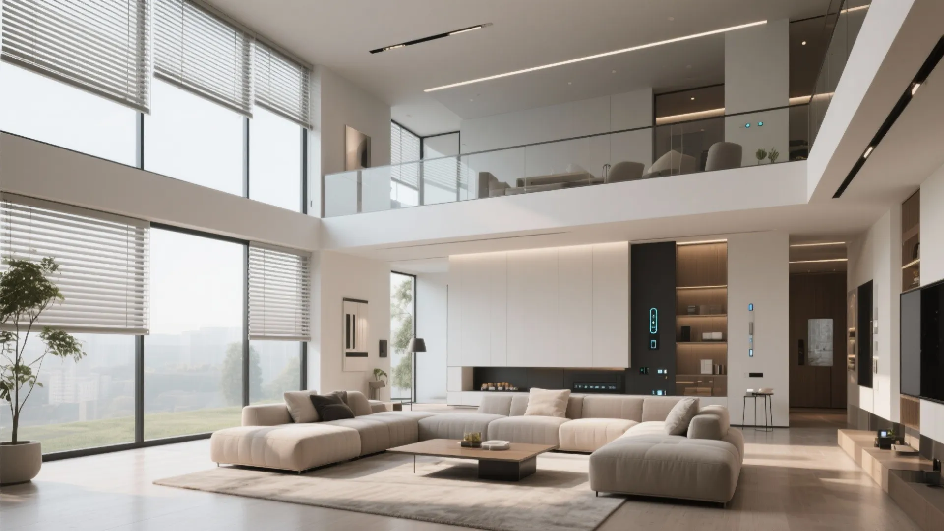 Spacious double height living room with white sofa wooden table large windows and glass balcony railing