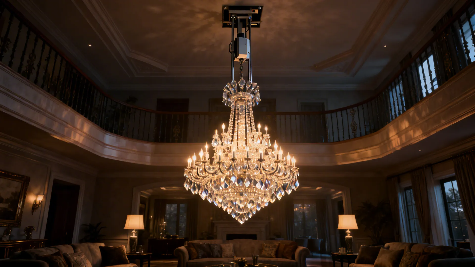 Grand chandelier lowered by a motorized lift for maintenance in a tall living room.