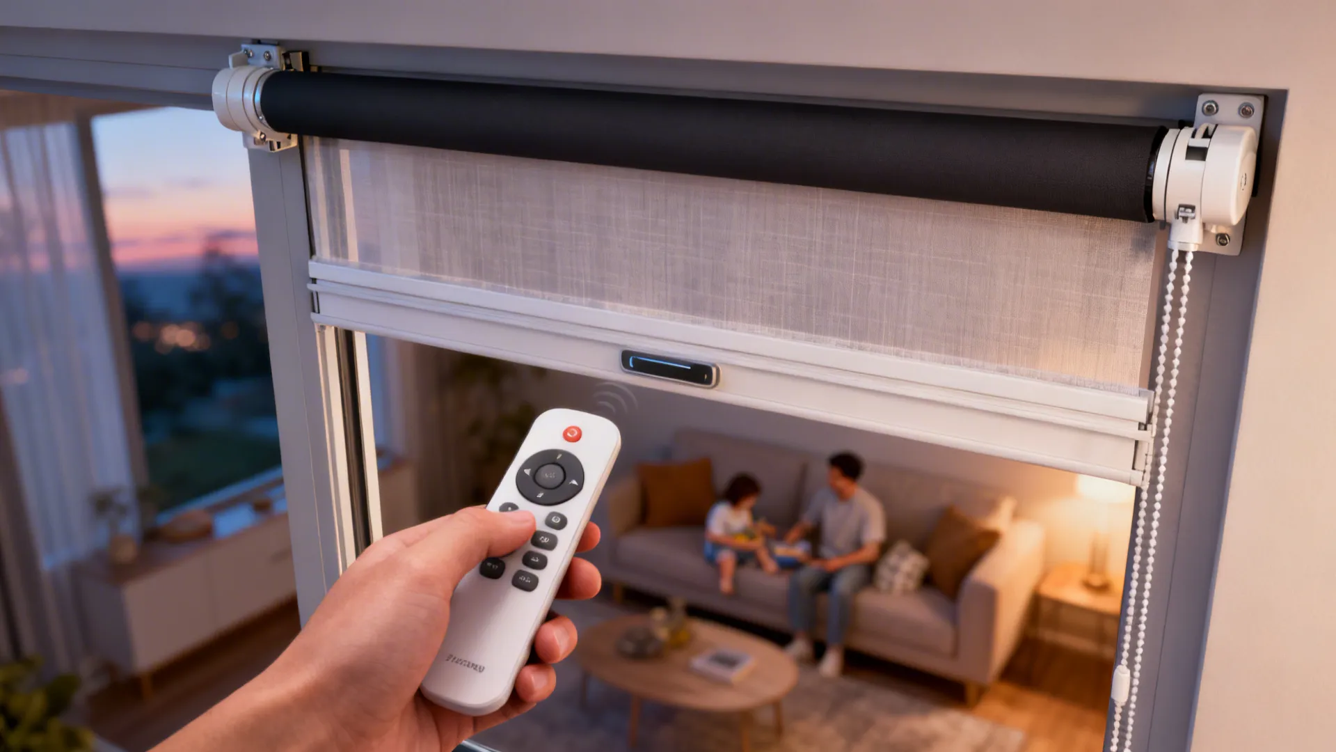 Motorized sheer and blackout blinds in a small living room, showing cordless safety and remote operation.