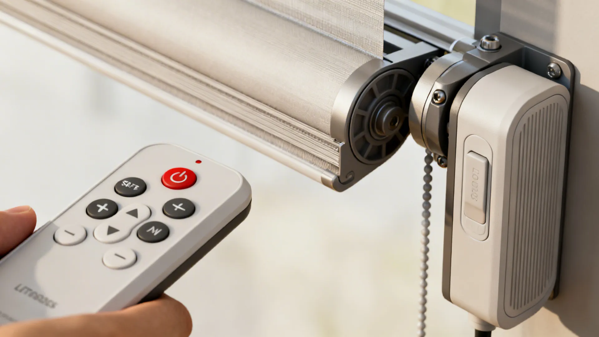 Motorized blind remote and cordless lift mechanism emphasizing safety and convenience