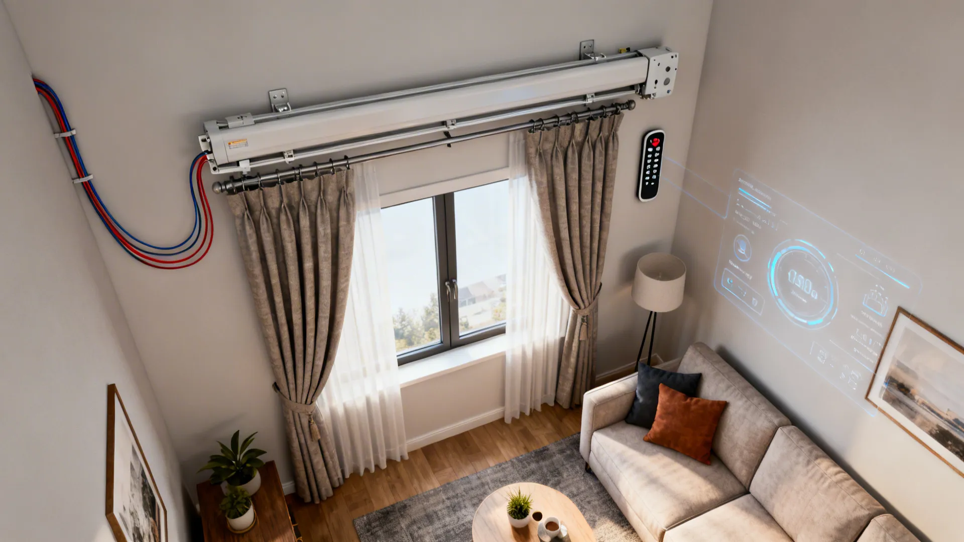 Smart motorized curtain system installed in a living room with sofa floor lamp and digital interface
