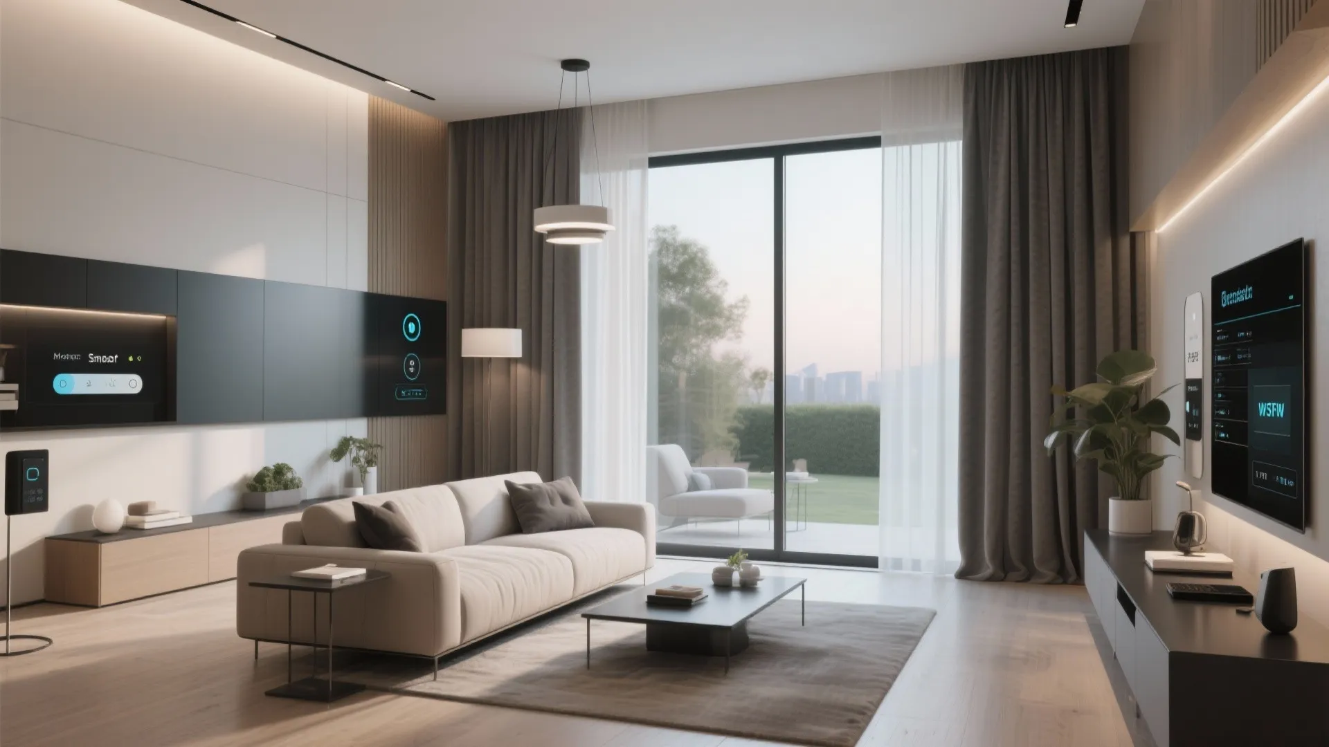 Modern living room with tan sofa, smart home control panel, grey curtains, and glass door