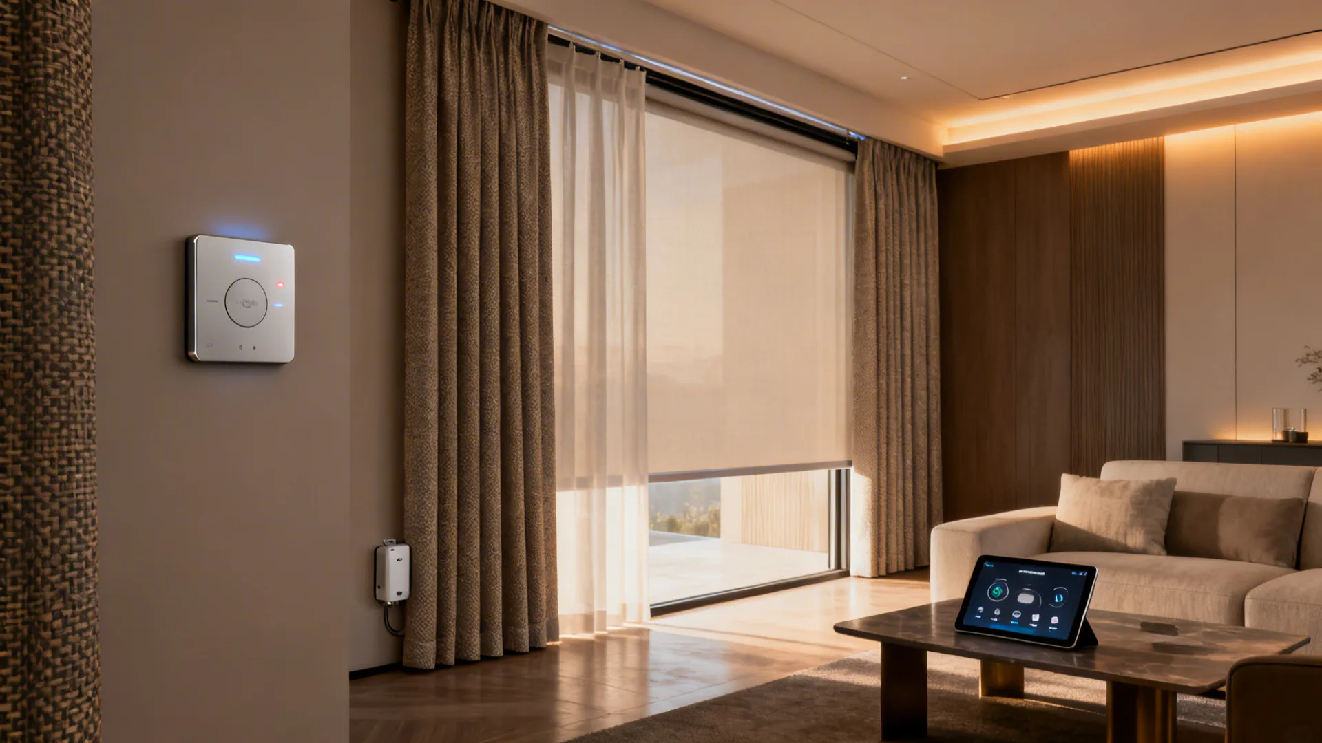 Smart home wall controller next to curtains with tablet showing app on a living room table