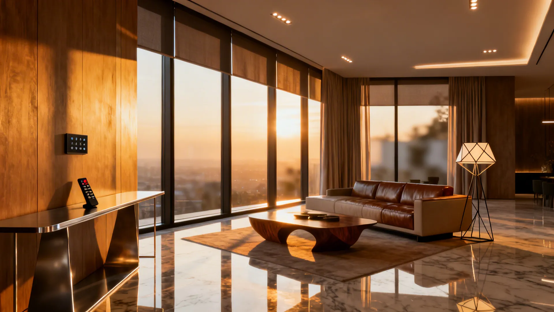 Penthouse living room with tall windows and motorized curtains operated by a wall keypad