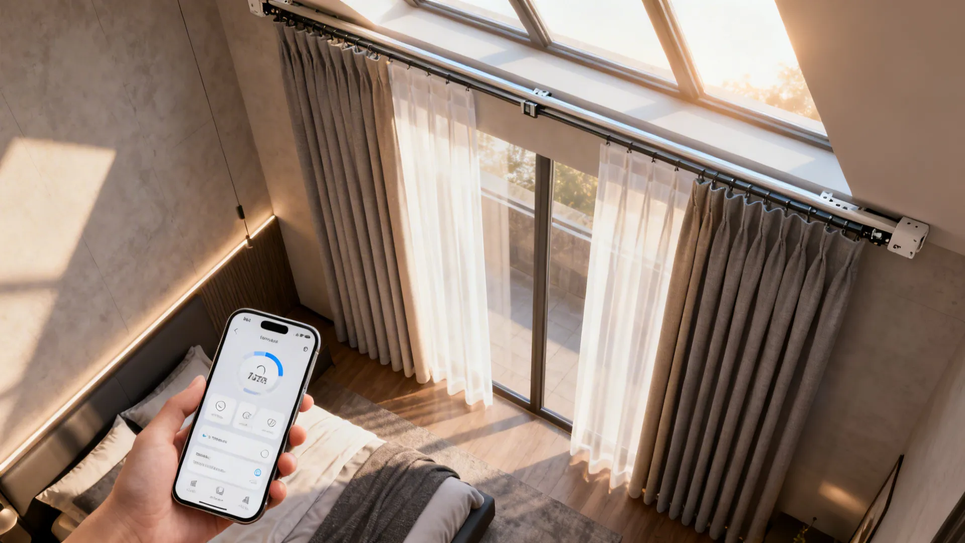 Loft window with motorized sheer and blackout layers controlled by remote, showing smart-home convenience.