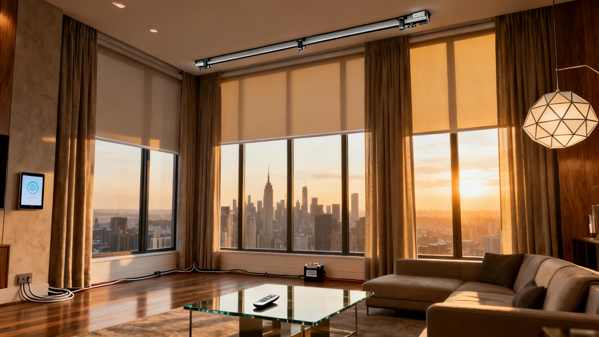 Modern penthouse living room with motorized curtains on tall windows and smart-home convenience.