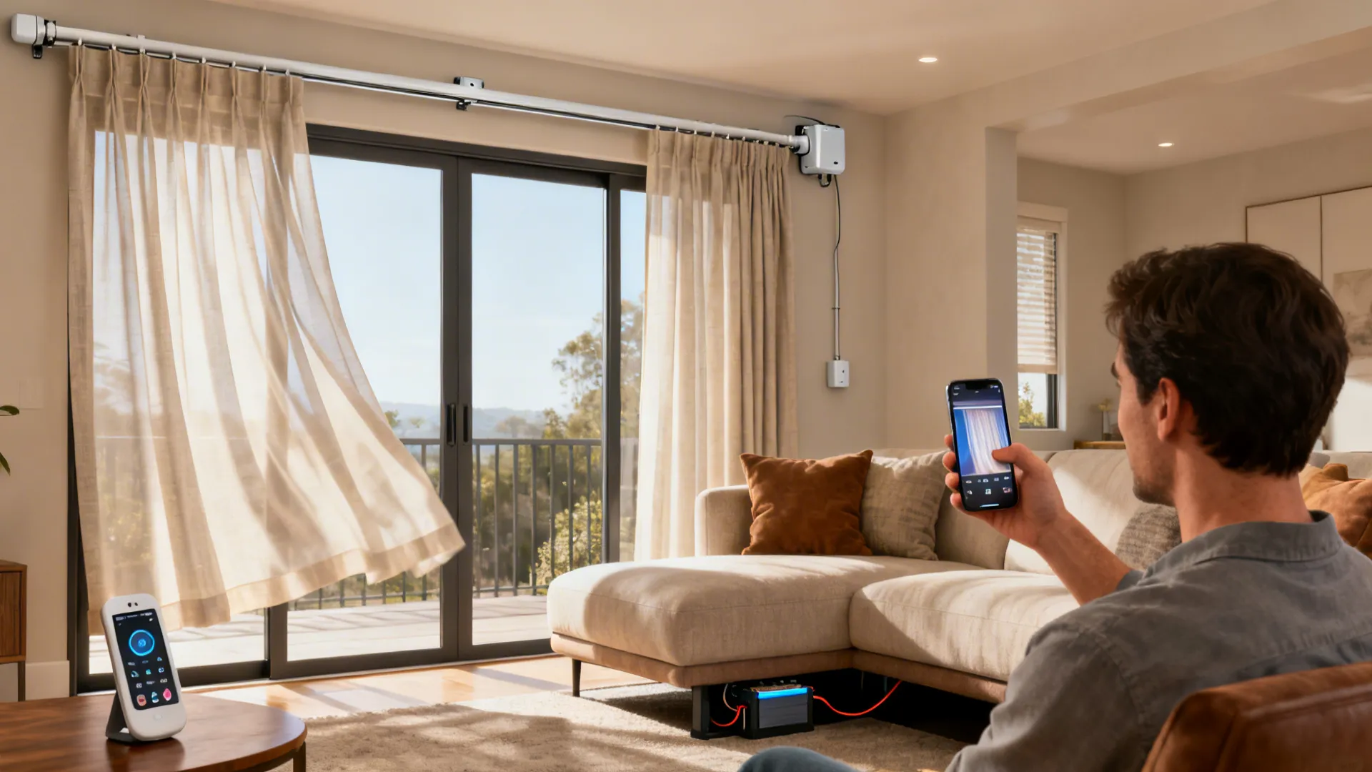 Living room with motorized curtains on sliding doors controlled via smartphone, showing smart-home convenience.
