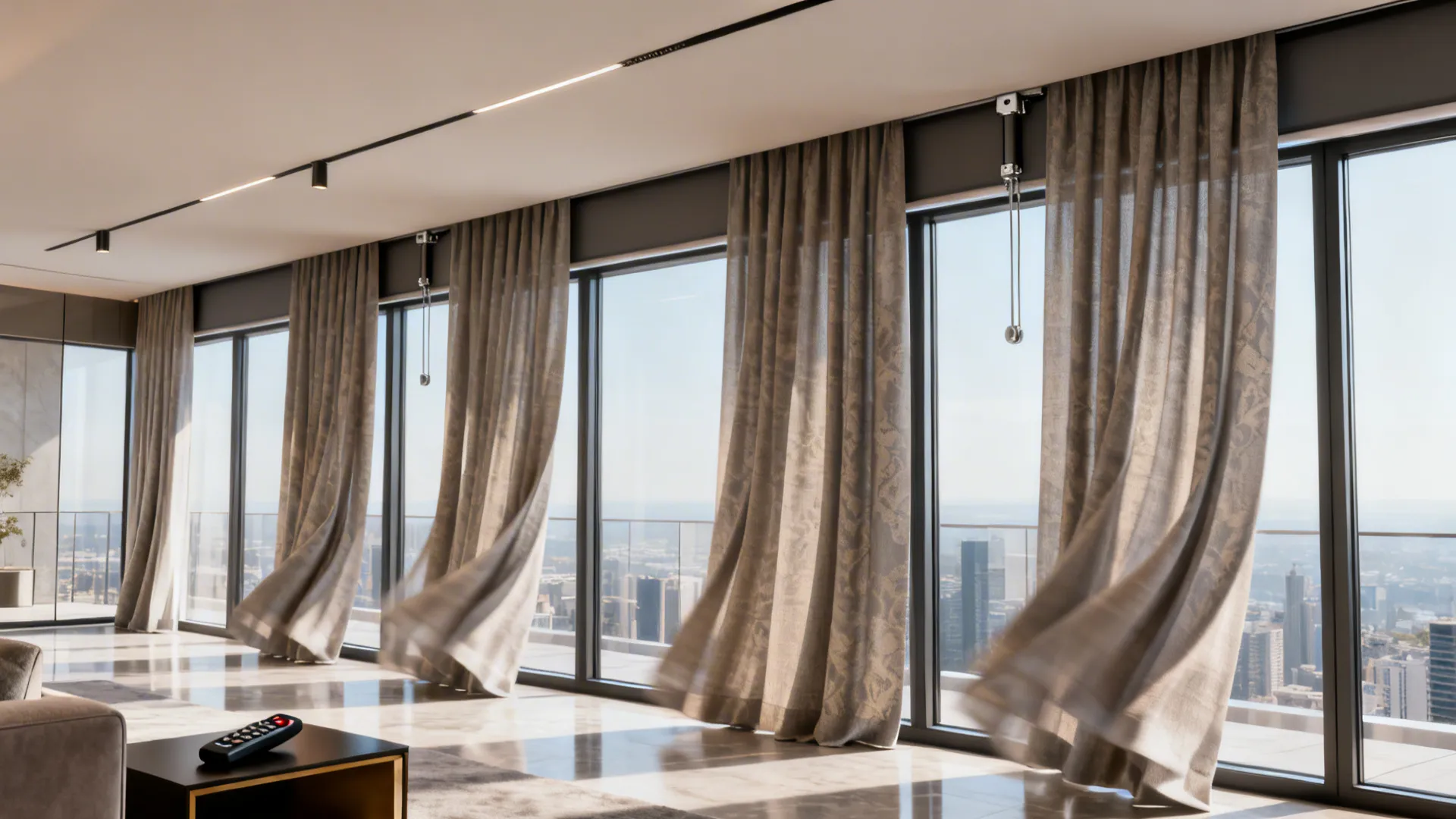 Wide window wall with motorized curtains operating smoothly in a modern penthouse living room.