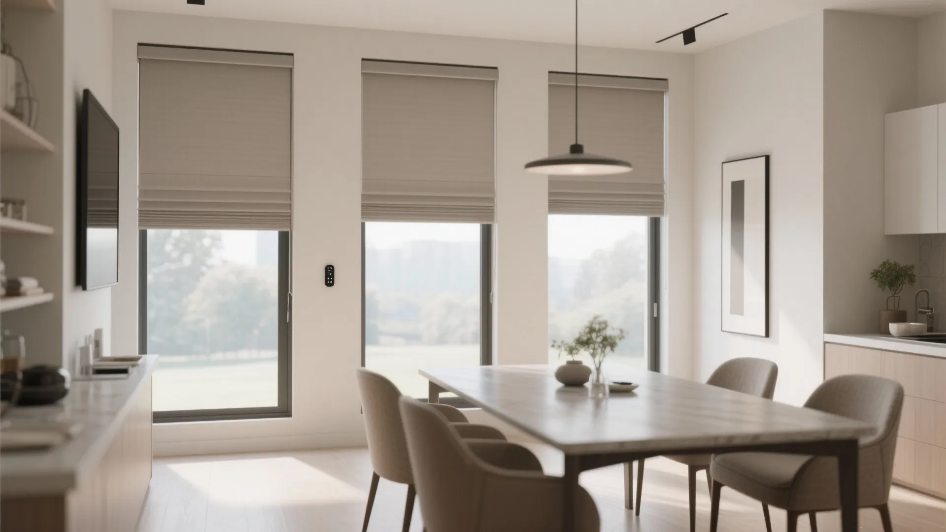 Modern dining area featuring neutral window shades and wooden table with chairs and ceiling light