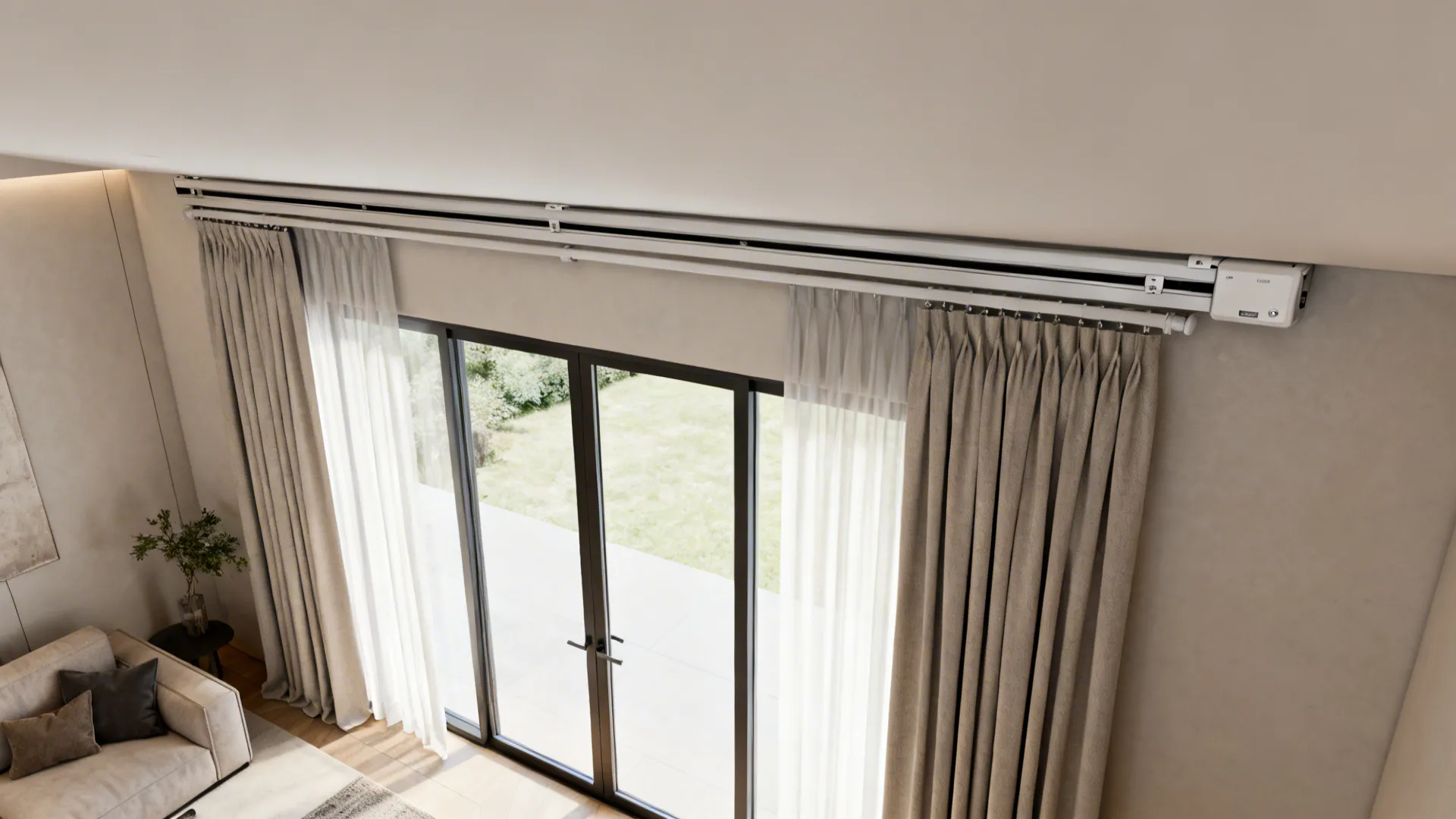 Modern living room with automatic curtain track installed above large glass doors and beige hanging curtains