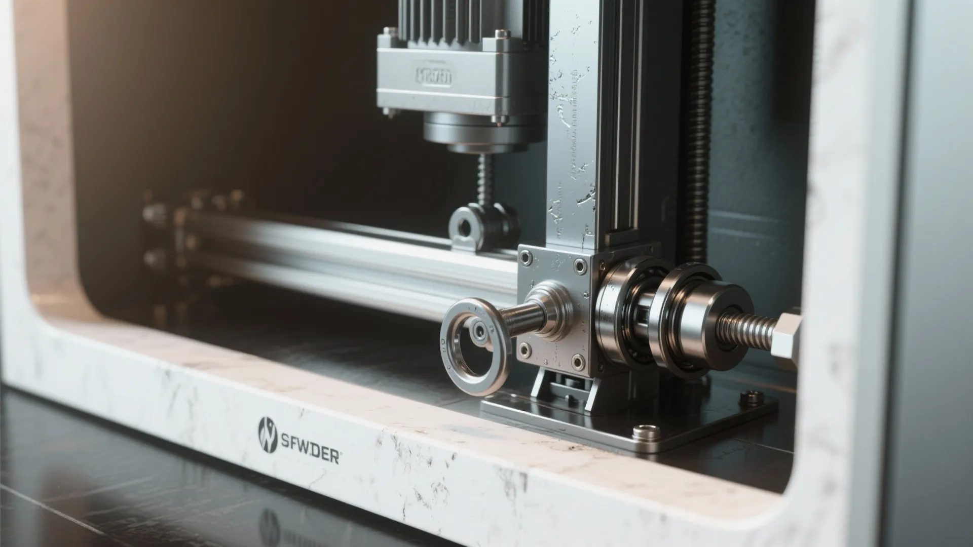 Close up view of a motorized metal lifting mechanism inside a marble and dark cabinet