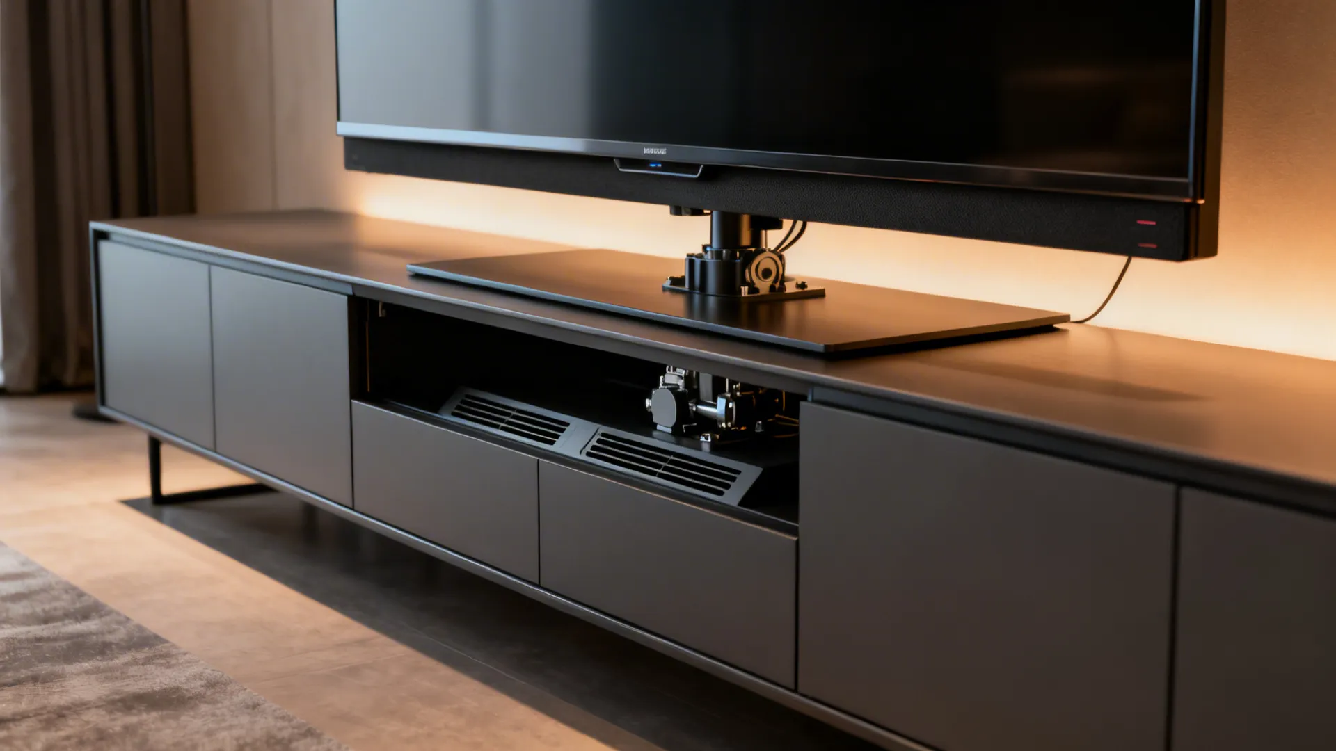 Minimalist living room showing a motorized lift raising a TV from a low credenza with concealed vents.