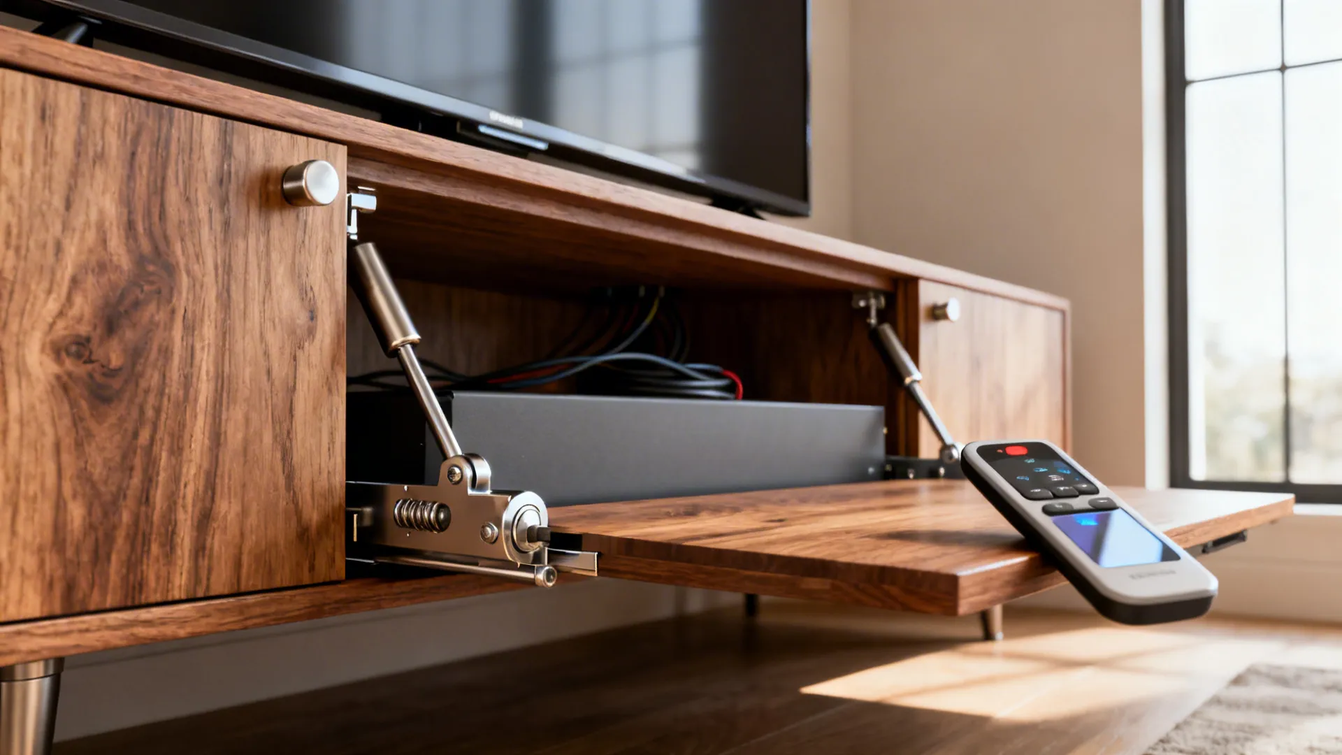 Wooden TV cabinet with motorized door showing mechanical lift parts and a small black remote