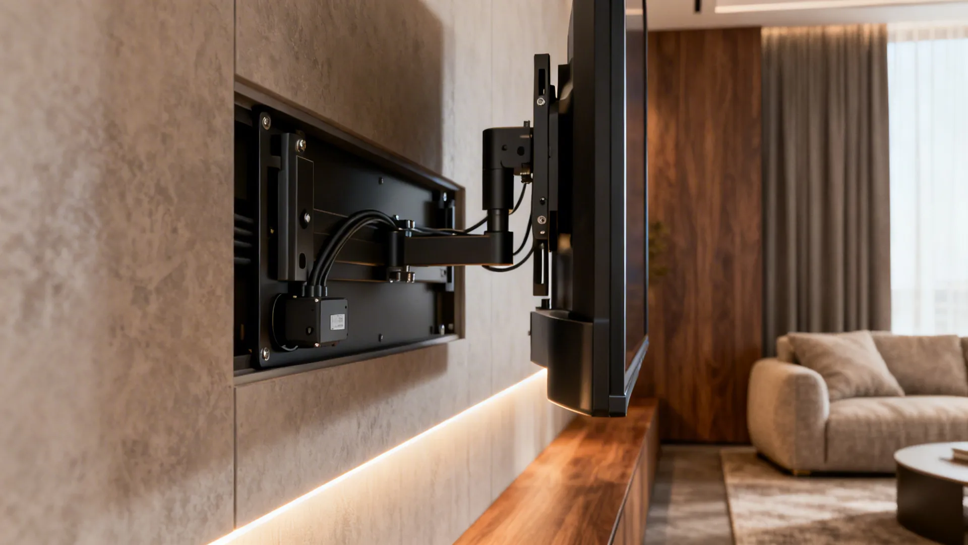 Motorized articulating TV mount retracting close to the wall with hidden cables and LED accents.