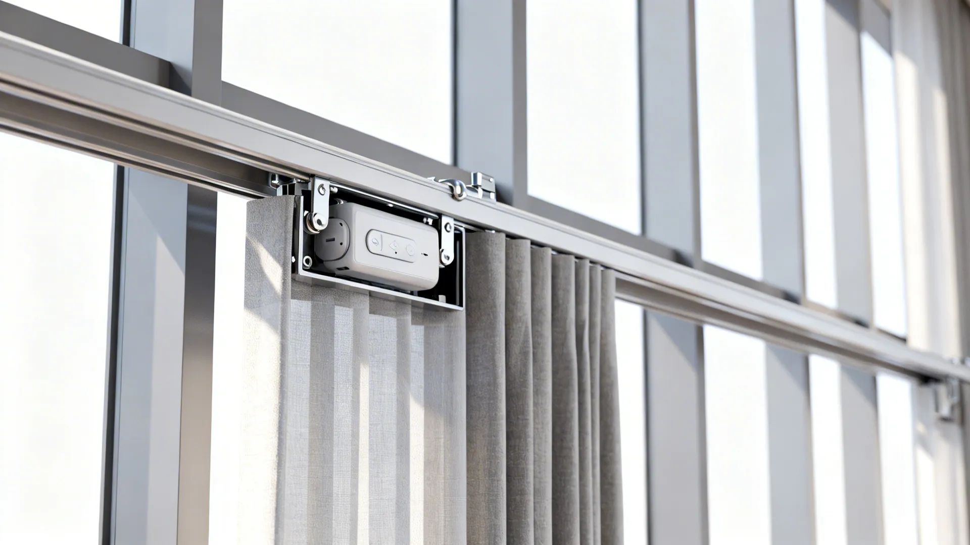 Detail of a motorized curtain track operating fabric panels across a bay window in a modern living room.