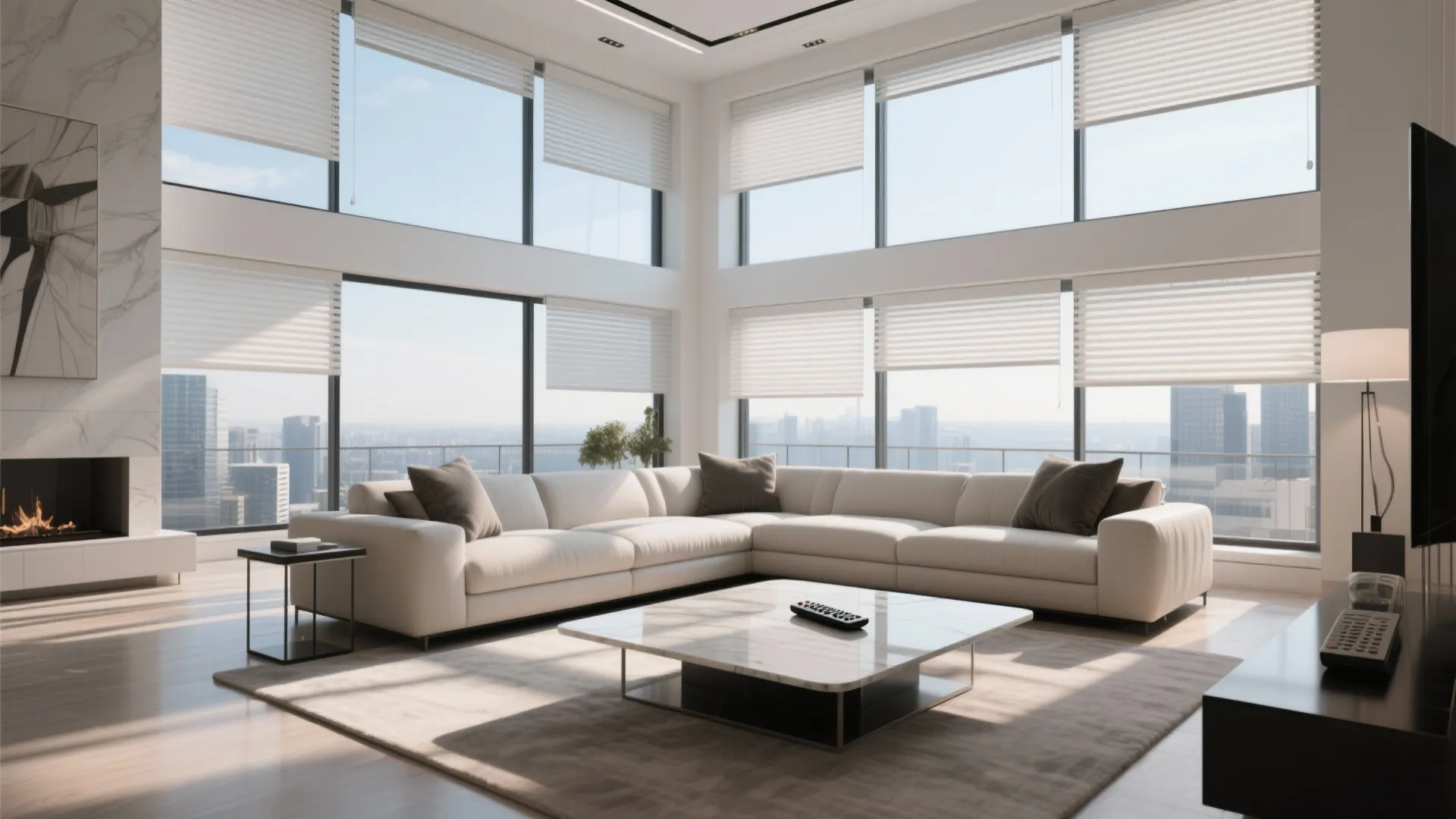 Penthouse living room with motorized blinds on tall windows