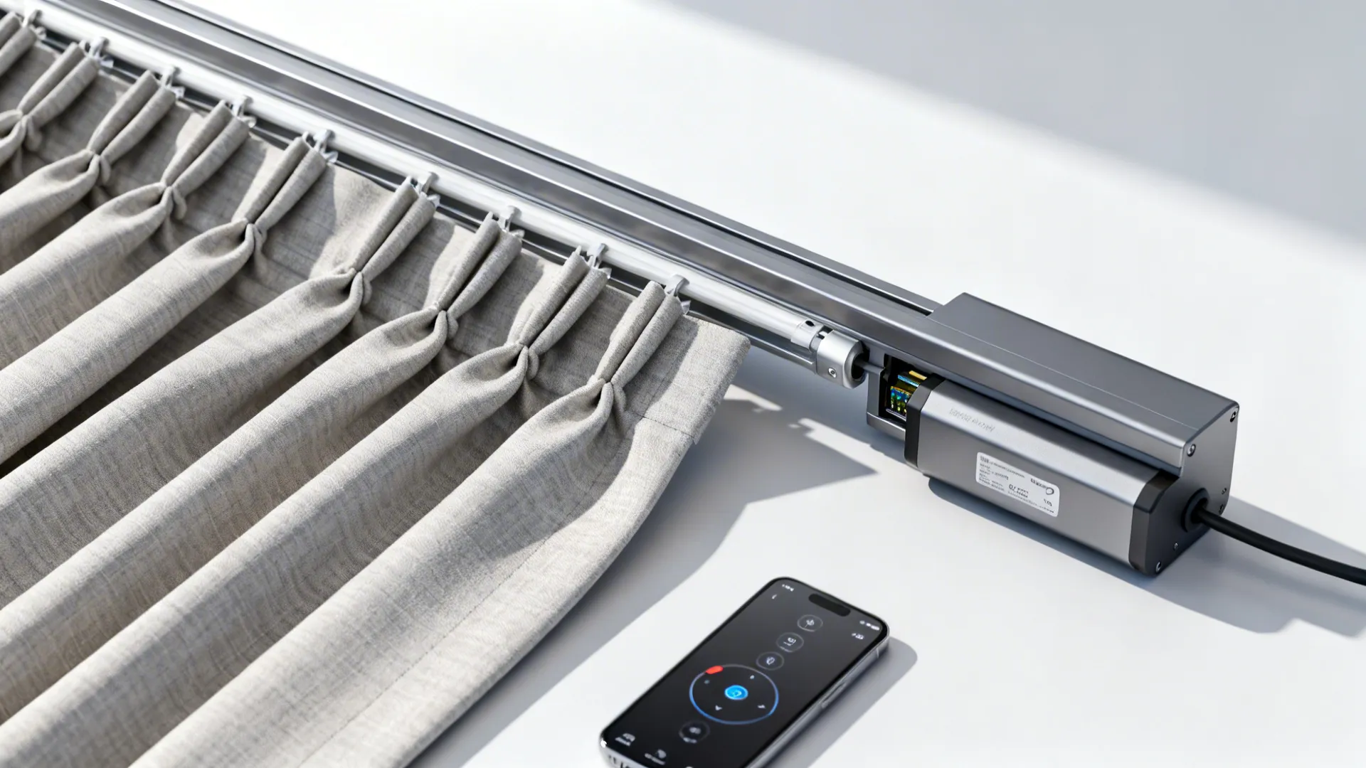 Motorized curtain rail operating pinch pleat drapes with a remote control nearby.