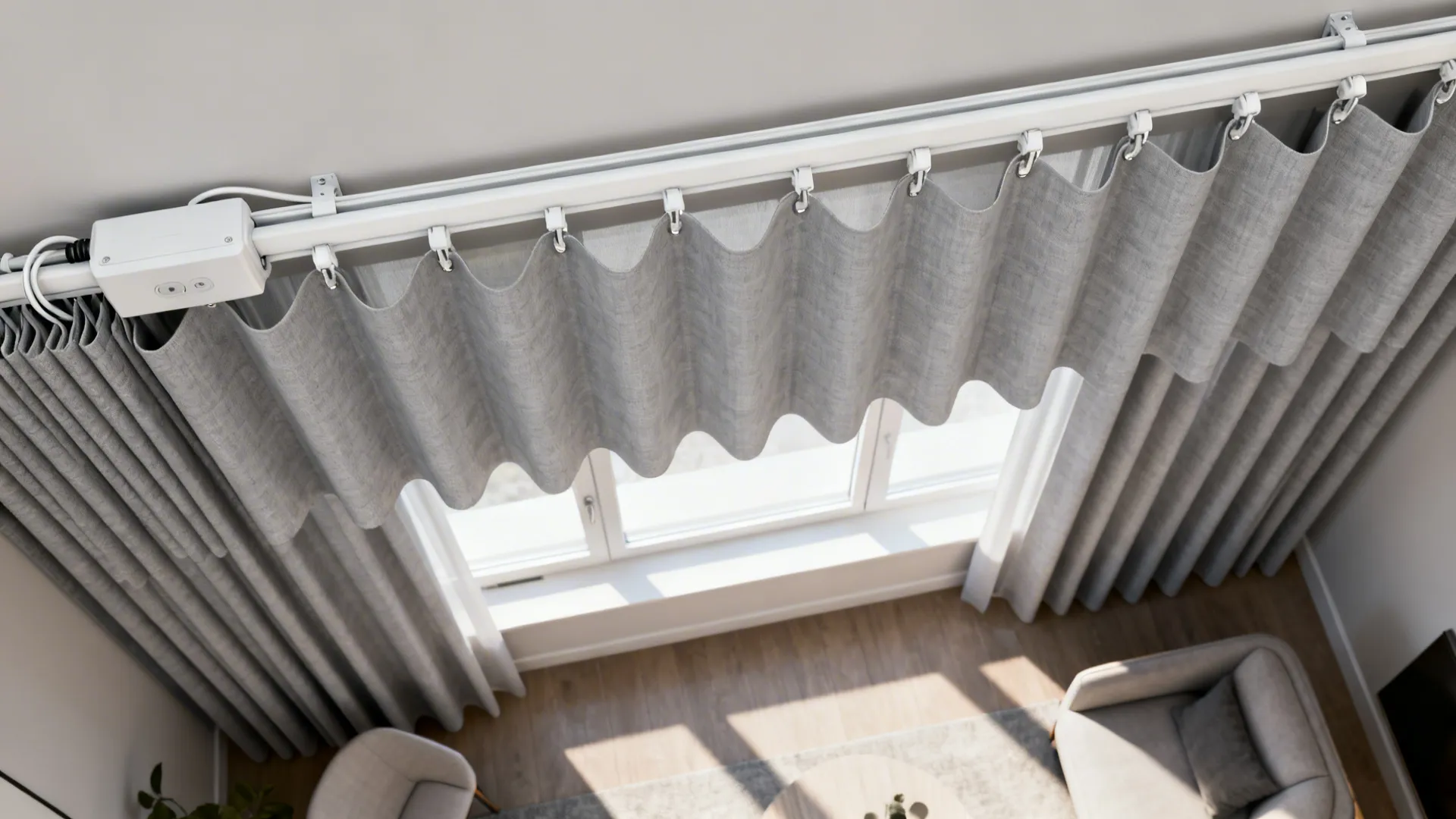 Top-down view of a motorized ripplefold track with evenly spaced carriers in a modern living room.