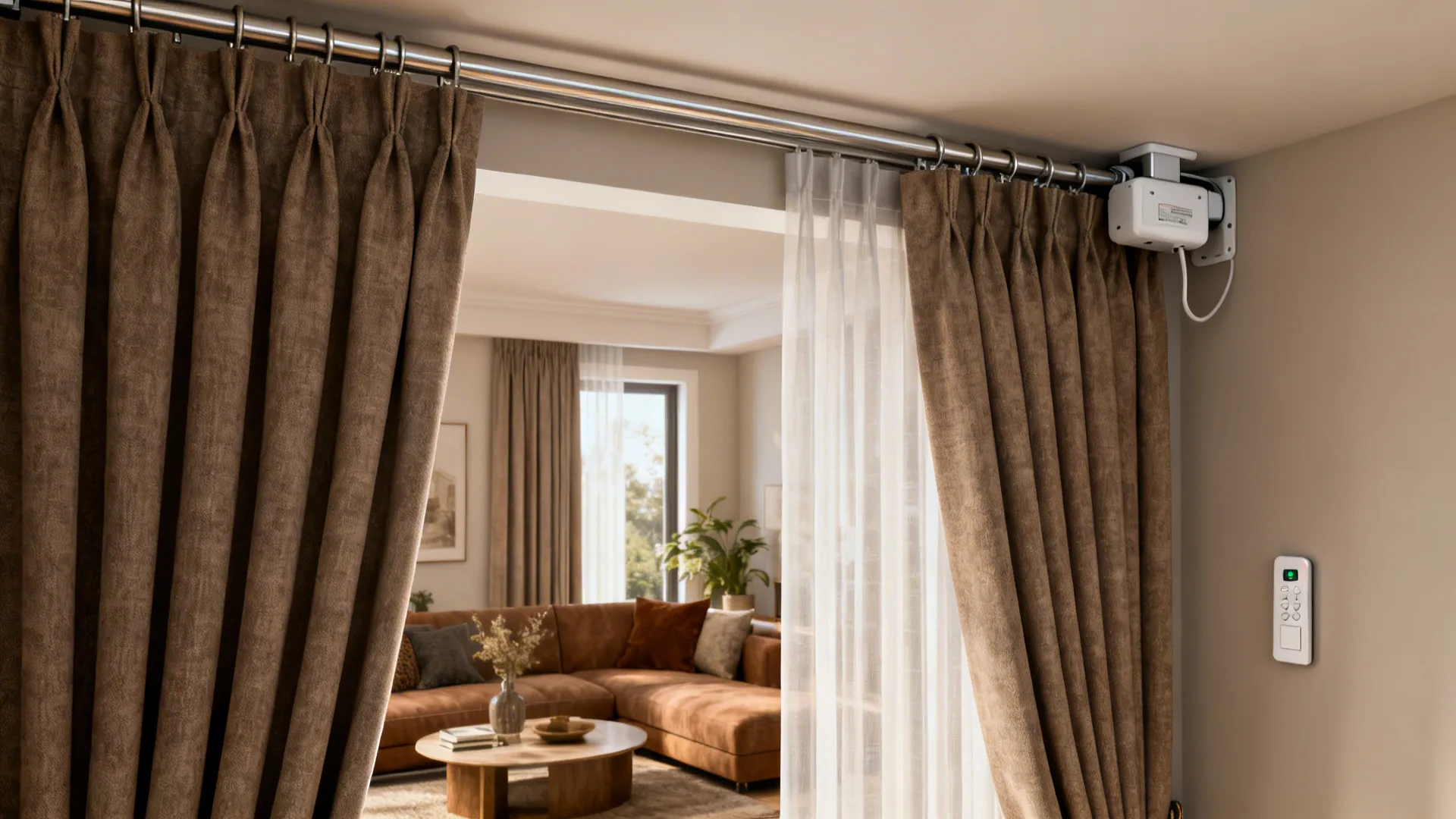 Living room with a motorized outer curtain rod and manual inner sheer rod, showing remote control.