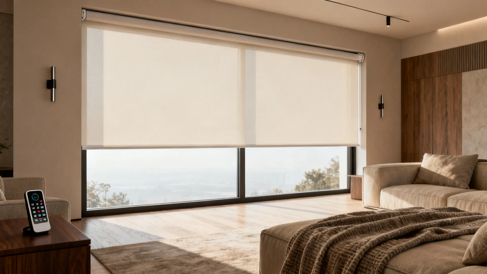 Wide living room window with sleek motorized roller blinds and smart control on a side table