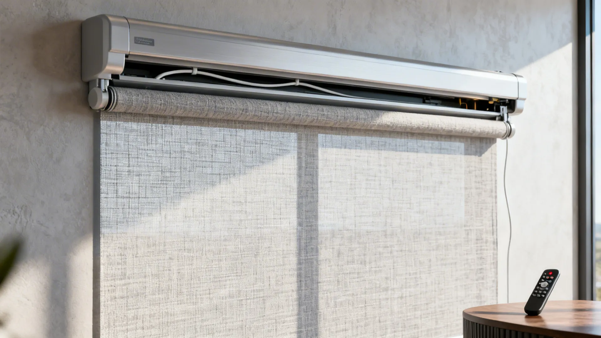 Close-up of a motorized roller blind cassette and textured fabric in a modern interior