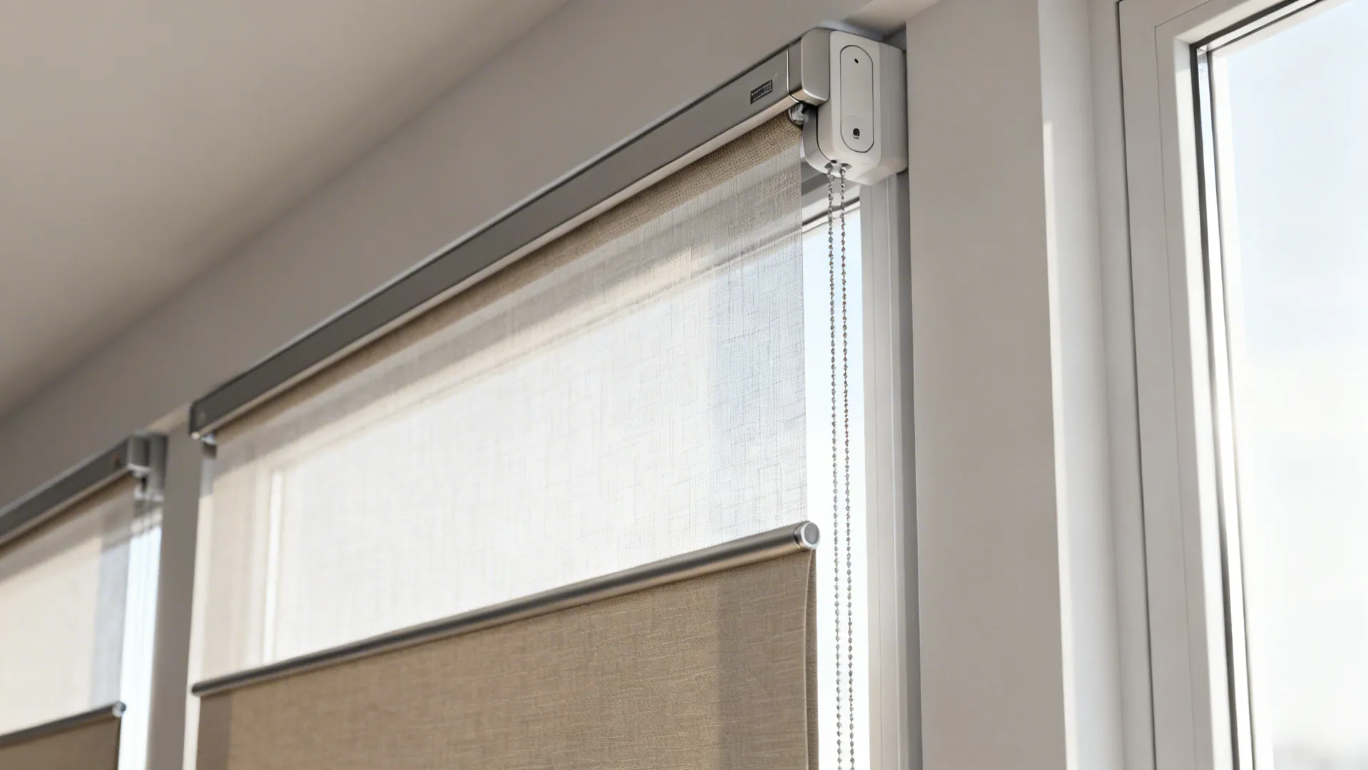 Close up of double roller window blinds with white motor bracket and hanging silver metal chain