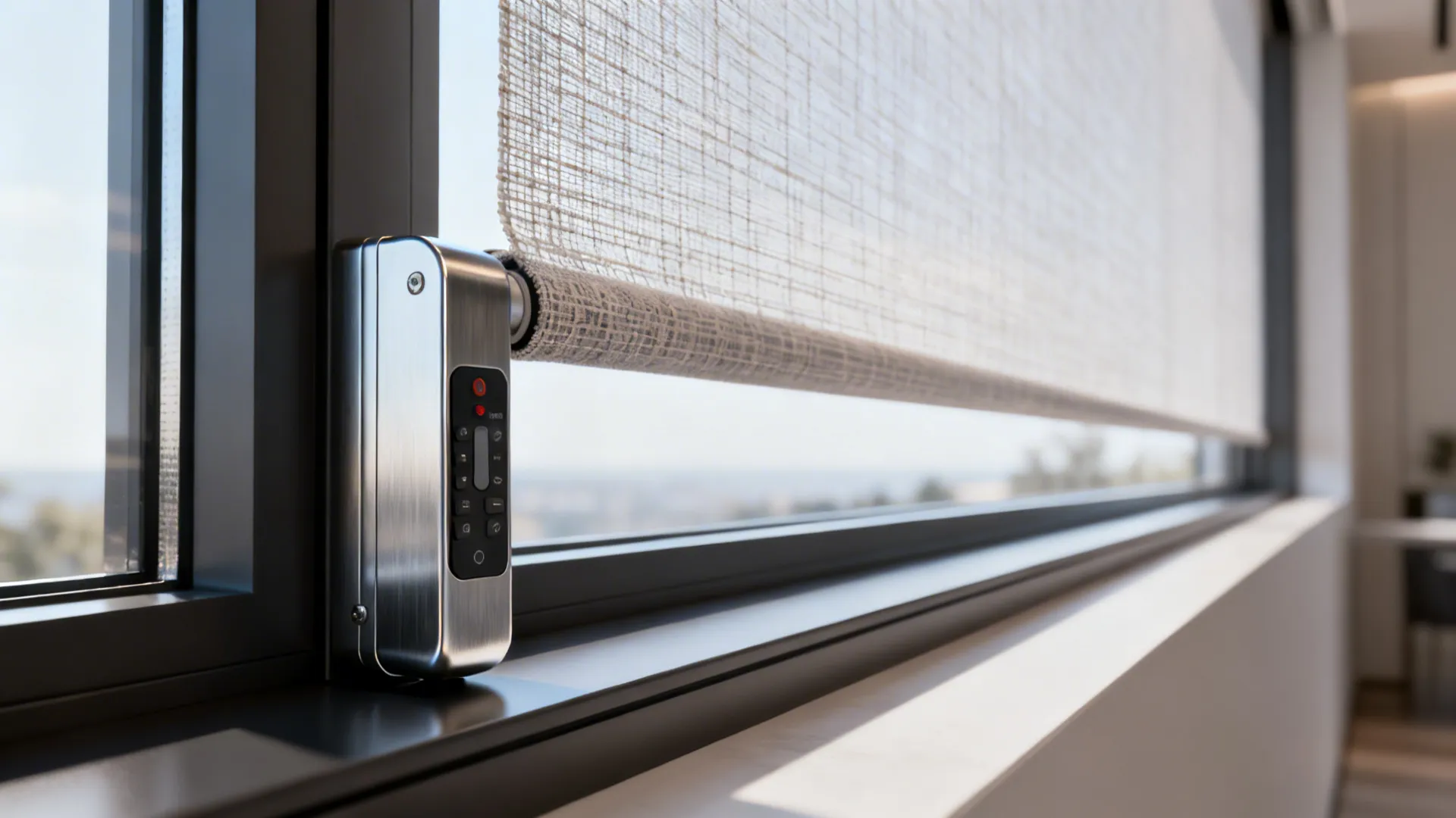 Close-up of a motorized roller blind cassette with translucent sunscreen fabric and a compact remote.