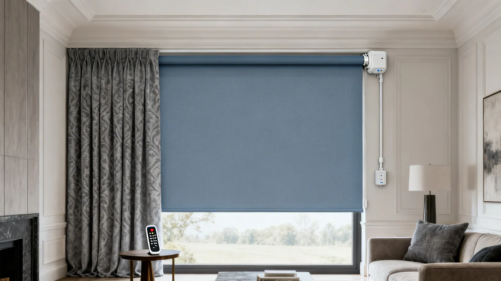Motorized blue-gray roller shade with decorative grey drapery in a modern living room, remote on side table