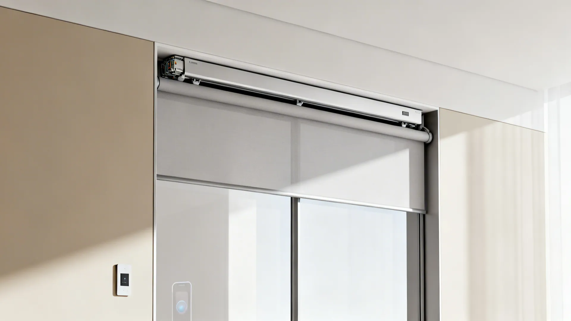 Minimalist interior showing a hidden cassette motorized roller shade on a large window.