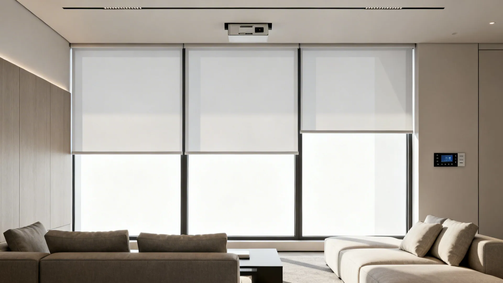 Minimal living room with motorized roller shades covering tall windows