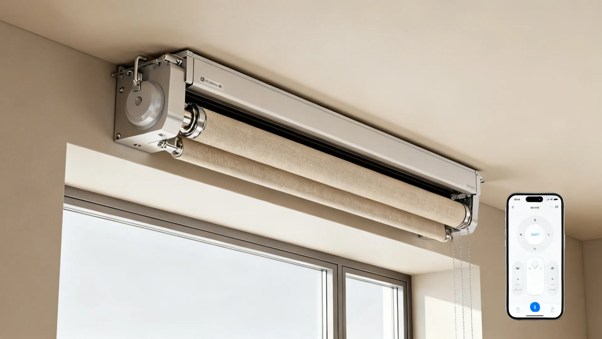 Close-up of motorized roller shade cassette and control app near a tall window.