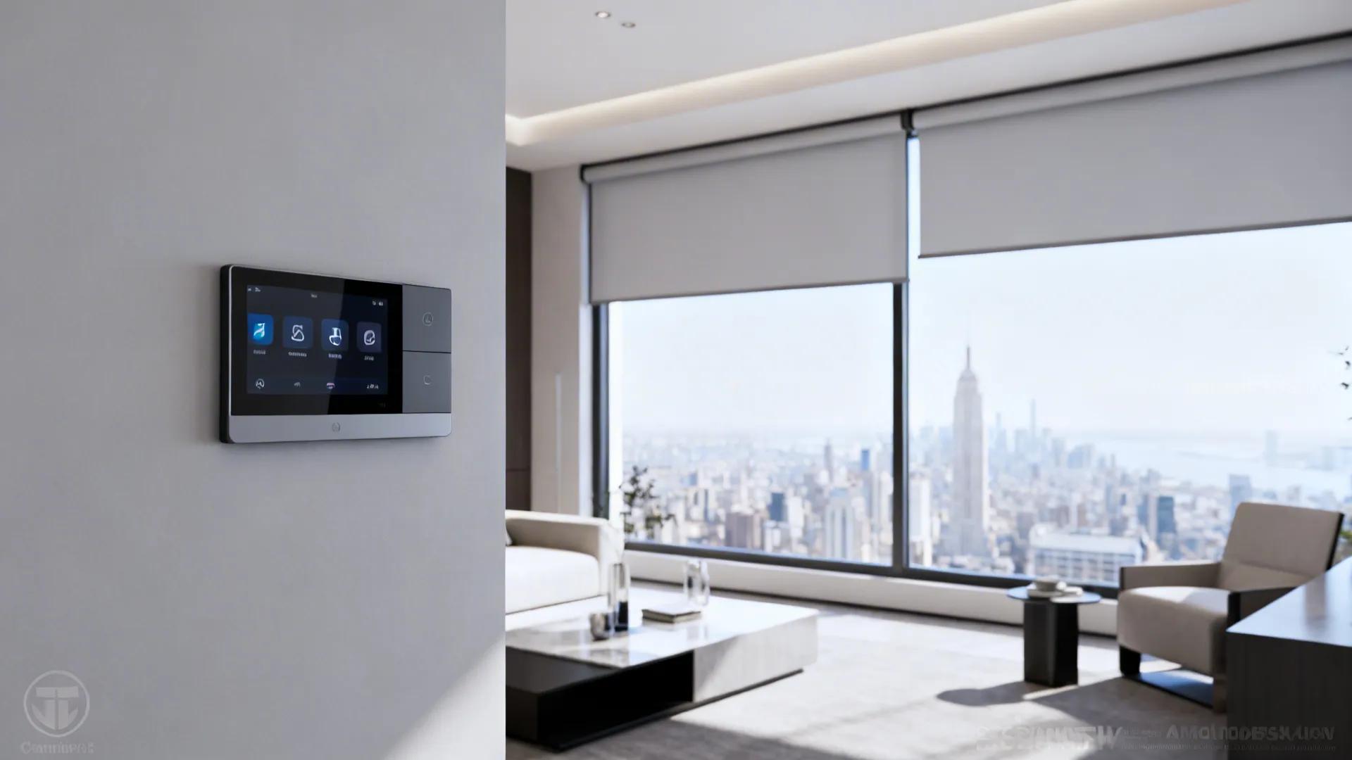 Modern living room with motorized roller shades and clean minimalist lines